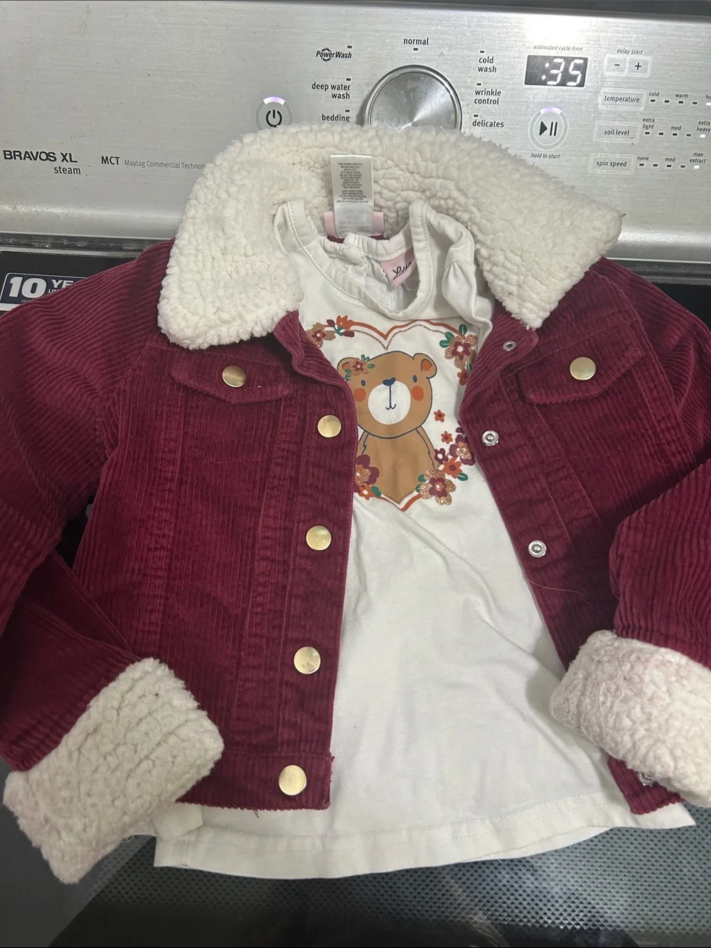 Girls 4t three piece matching outfit flower leggings pants bear corduroy jacket